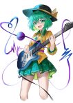  1girl ailu_elf black_headwear collared_shirt commentary_request crystal_necklace diamond_(gemstone) eyeball floral_print green_eyes green_hair green_skirt guitar hat hat_ribbon heart heart_of_string highres instrument jewelry komeiji_koishi long_sleeves looking_at_viewer music necklace open_mouth playing_instrument pleated_skirt ribbon shirt simple_background skirt solo third_eye touhou white_background yellow_ribbon yellow_shirt 