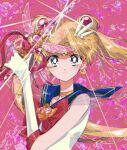  1girl bangs bishoujo_senshi_sailor_moon blonde_hair blue_eyes blue_sailor_collar bow bowtie brooch crescent crescent_earrings double_bun earrings elbow_gloves gem gloves gold_choker hair_bun hair_ornament highres holding holding_wand jewelry long_hair looking_at_viewer magical_girl parted_bangs pink_background pochi_(askas_is_god) red_bow red_bowtie sailor_collar sailor_moon sailor_senshi_uniform see-through see-through_sleeves shirt short_sleeves solo tsukino_usagi twintails upper_body wand white_gloves white_shirt 