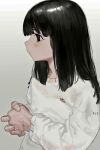  1girl @_@ atkm2 black_eyes black_hair closed_mouth from_side long_hair long_sleeves original profile shirt solo upper_body veins veiny_hands white_shirt 