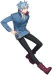  1boy absurdres black_pants blue_hair blue_jacket boots full_body hair_between_eyes hands_on_hips highres id_:invaded jacket jewelry kinakkon long_sleeves looking_at_viewer male_focus pants ring short_hair simple_background smile spiky_hair white_background yellow_eyes 