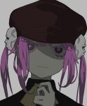  1girl :3 atkm2 bow bowtie brown_headwear closed_mouth hat looking_at_viewer mismatched_pupils original pink_eyes pink_hair portrait simple_background smile solo twintails white_background 