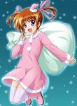  1girl :d bangs blue_eyes boots brown_hair commentary dress floating hair_ribbon hat highres holding holding_sack legs_up long_sleeves looking_at_viewer lyrical_nanoha mahou_shoujo_lyrical_nanoha medium_dress mini_hat mini_santa_hat night open_mouth outdoors over_shoulder pink_dress pink_footwear pink_headwear pink_ribbon ribbon sack santa_boots santa_dress santa_hat short_hair smile snowing solo takamachi_nanoha thigh-highs tilted_headwear twintails white_thighhighs yorousa_(yoroiusagi) 