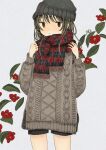  1girl black_eyes black_hair black_shorts floral_background flower flower_request fujitoma grey_sweater hands_up highres knit_hat long_sleeves looking_at_viewer original plaid plaid_scarf red_flower scarf shorts simple_background solo standing sweater 