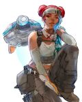  1girl apex_legends artist_name bangs blue_gloves boots brown_footwear d.o.c._health_drone dark-skinned_female dark_skin detached_sleeves double_bun english_commentary gloves grey_headband grey_tank_top hair_behind_ear hair_bun headband highres invisible_chair lifeline_(apex_legends) looking_at_viewer midriff_peek non-humanoid_robot one_eye_closed redhead robot simple_background sitting solo tank_top ukabare white_background 