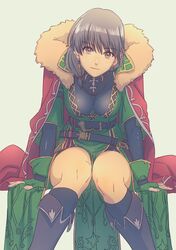  1girl aduti_momoyama bangs belt black_belt black_socks boots breasts brown_eyes cape closed_mouth earrings fingerless_gloves fire_emblem fire_emblem:_thracia_776 fire_emblem_heroes fur_collar gloves green_gloves grey_background grey_hair hair_between_eyes high_collar highres jewelry kneehighs mareeta_(fire_emblem) medium_breasts medium_hair multicolored_eyes necklace purple_footwear red_cape simple_background sitting smile socks solo yellow_eyes 