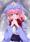  1girl blue_headwear blue_kimono condensation expressionless hat_ornament highres ibuibuyou japanese_clothes kimono long_sleeves open_mouth pink_eyes pink_hair red_scarf saigyouji_yuyuko scarf snow snowing solo touhou tree winter 