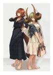  159cm 2girls animal_ears bag barefoot black_shirt blue_jacket blue_skirt brown_hair closed_mouth contrapposto curled_horns dress glan_(159cm) green_hair green_nails hand_in_pocket highres holding holding_bag horns huge_horns jacket long_hair looking_at_viewer multiple_girls nail_polish off_shoulder original parted_lips red_nails shirt skirt smile standing tail toenail_polish toenails white_dress wine-chan_(159cm) 