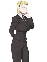  1girl arm_behind_back bangs_pinned_back black_jacket black_necktie black_pants blonde_hair breasts business_suit closed_mouth collared_shirt copyright_request formal green_eyes hairband highres jacket large_breasts looking_at_viewer medium_hair mikazukisou necktie pant_suit pants sanpaku shirt simple_background solo standing suit white_background white_shirt wing_collar 