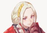  1girl aduti_momoyama armor closed_mouth edelgard_von_hresvelg eyelashes fire_emblem fire_emblem:_three_houses fire_emblem_warriors:_three_hopes hair_intakes highres long_hair pink_lips red_armor shoulder_armor simple_background smile solo upper_body violet_eyes white_background white_hair 