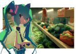  1girl :/ absurdres aqua_eyes aqua_hair backlighting bangs bare_arms bare_shoulders black_necktie blurry blurry_background border cabbage chromatic_aberration closed_mouth depth_of_field expressionless food from_side glitch groceries hair_between_eyes hair_ornament hand_up hatsune_miku highres lettuce long_hair looking_at_viewer looking_to_the_side market muted_color necktie outside_border photo_background scenery shade shopping shopping_basket sidelocks sleeveless solo spring_onion sunlight teru64 twintails upper_body vegetable very_long_hair vocaloid white_border wing_collar 