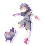  ablob ascot black_hair blue_eyes child color_connection fingerless_gloves gloves humanization multicolored_hair pokemon pokemon_(anime) pokemon_(creature) red_ascot red_footwear solo white_background zorua 