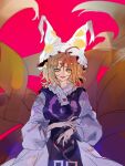  1girl bangs blonde_hair breasts cerevevisiae commentary_request cowboy_shot dress fox_tail hair_between_eyes hat highres kyuubi long_sleeves looking_at_viewer medium_breasts medium_hair multiple_tails nail_polish open_mouth pillow_hat purple_tabard red_background red_nails smile solo tabard tail touhou white_dress white_headwear yakumo_ran yellow_eyes 
