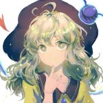  1girl bangs black_headwear bright_pupils closed_mouth collared_shirt commentary_request dianguang_qishi finger_to_own_chin green_eyes green_hair green_nails green_pupils hat highres komeiji_koishi long_hair shirt smile solo sparkle third_eye touhou yellow_shirt 