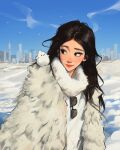  1girl animal animal_on_shoulder bird black-framed_eyewear black_eyes black_hair cityscape clear_sky day earrings english_commentary glasses highres jacket jewelry long_hair looking_to_the_side original power_lines red_lips sam_yang sky smile snow solo sunglasses winter 