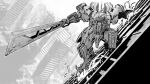  building greyscale highres holding holding_sword holding_weapon kawasemi_alter looking_down looking_to_the_side mecha monochrome no_humans one-eyed original robot science_fiction sliding solo sword weapon 