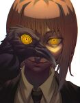  1girl 1other absurdres bird black_jacket black_necktie chainsaw_man collared_shirt crow formal glowing glowing_eyes highres jacket looking_at_viewer makima_(chainsaw_man) necktie obarii one_eye_covered ringed_eyes shirt sidelocks simple_background smile solo_focus suit white_background white_shirt yellow_eyes 
