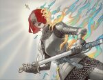  1girl armor bob_cut breastplate burning chainmail copyright_request highres holding holding_sword holding_weapon looking_at_viewer mossacannibalis parted_lips redhead scabbard sheath solo sword unsheathing weapon yellow_eyes 