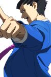  1boy ace_attorney black_hair blue_eyes blue_jacket formal highres jacket long_sleeves looking_at_viewer necktie open_mouth phoenix_wright pink_necktie pointing pointing_at_viewer profile roku_(bb8800xx) short_hair simple_background solo spiky_hair suit white_background 