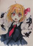  1girl absurdres black_skirt black_vest blonde_hair bright_pupils chinese_commentary collared_shirt commentary_request eyes_visible_through_hair fangs hair_ribbon highres long_sleeves medium_hair necktie open_mouth red_eyes red_necktie red_ribbon ribbon rumia shirt skirt solo touhou traditional_media tuntunsbx vest white_pupils white_shirt 