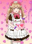 absurdres alternate_costume apron at-home_cafe bang_dream! bangs blush bow bowtie breasts brown_bow brown_dress brown_eyes collared_dress commentary copyright_name cosplay dress english_text enmaided frilled_apron frills gradient gradient_background hair_bow hair_ornament heart heart_background highres holding holding_heart ichigaya_arisa light_brown_hair logo long_hair looking_at_viewer maid maid_apron maid_headdress medium_breasts open_mouth pink_background pink_bow pink_bowtie pocket puffy_short_sleeves puffy_sleeves purple_scrunchie scrunchie sho_(shou_ma7) short_sleeves sleeve_cuffs solo thigh-highs translated twintails white_apron white_headdress white_thighhighs wrist_scrunchie x_hair_ornament zettai_ryouiki
