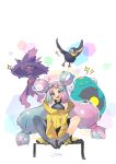  191442028 1girl absurdres bellibolt bow-shaped_hair character_hair_ornament grey_pantyhose hair_ornament hexagon_print highres iono_(pokemon) jacket long_hair low-tied_long_hair mismagius multicolored_hair oversized_clothes pantyhose pink_eyes pink_hair pokemon pokemon_(game) pokemon_sv sharp_teeth shirt single_leg_pantyhose sleeveless sleeveless_shirt sleeves_past_fingers sleeves_past_wrists teeth twintails two-tone_hair very_long_hair x yellow_jacket 