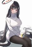  1girl alternate_costume black_hair black_pantyhose blue_archive breasts cup hair_ornament hairclip halo hato_haru highres holding holding_cup hot_drink large_breasts long_hair pantyhose red_eyes rio_(blue_archive) sitting sweater turtleneck turtleneck_sweater white_sweater 