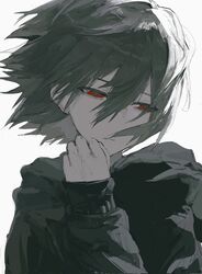  1boy aik_(aik30068733aik) black_hair black_hoodie closed_mouth commentary highres hood hood_down hoodie isoi_haruki long_sleeves male_focus red_eyes saibou_shinkyoku short_hair simple_background solo upper_body white_background 