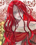  1girl artist_request blind cape closed_mouth dress elden_ring long_hair malenia_blade_of_miquella mechanical_arms prosthesis prosthetic_arm red_cape redhead scar simple_background single_mechanical_arm solo very_long_hair 