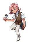  1boy argyle_vest book brown_gloves brown_vest closed_mouth commentary_request elizabeth_(tomas21) full_body gloves grey_eyes hair_ornament highres holding holding_book ilima_(pokemon) leg_up looking_at_viewer male_focus pants partially_fingerless_gloves pink_hair poke_ball pokemon pokemon_(game) pokemon_sm shirt shoes short_hair short_sleeves simple_background single_glove smile solo ultra_ball vest white_background white_shirt 