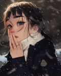  1girl black_eyes black_hair covering_mouth earrings english_commentary hand_over_own_mouth highres jacket jewelry looking_at_viewer multiple_rings original portrait ring sam_yang scarf snowing solo white_scarf 