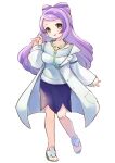  1girl bandaid bandaid_on_knee bandaid_on_leg blush buttons coat collarbone commentary_request eyeshadow full_body green_eyes hand_up long_hair long_sleeves looking_at_viewer makeup miriam_(pokemon) nail_polish open_clothes open_coat open_mouth pokemon pokemon_(game) pokemon_sv purple_hair purple_skirt sandals sen1986 simple_background skirt smile solo sweater white_background yellow_nails 