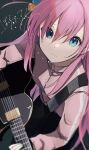  1girl absurdres bangs blue_eyes bocchi_the_rock! closed_mouth cube_hair_ornament electric_guitar gibson_les_paul gotou_hitori guitar hair_between_eyes hair_ornament highres holding holding_instrument instrument jacket long_hair looking_at_viewer ogura_tubuan one_side_up pink_hair pink_jacket solo track_jacket 