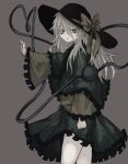  1girl bags_under_eyes bangs black_headwear blouse bow buttons capelet cowboy_shot diamond_button eyeball frilled_capelet frilled_skirt frilled_sleeves frills green_capelet green_eyes green_skirt grey_background grey_hair hair_between_eyes hat hat_bow hat_ribbon highres komeiji_koishi light_frown long_sleeves looking_at_viewer looking_to_the_side medium_hair open_mouth parted_lips reverinth ribbon shirt simple_background skirt solo standing third_eye touhou wide_sleeves yellow_bow yellow_ribbon yellow_shirt 