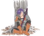  1boy armor cape closed_mouth emer_game fire_emblem fire_emblem:_three_houses fire_emblem_warriors:_three_hopes gloves hair_over_one_eye highres long_sleeves medium_hair purple_hair shez_(fire_emblem) shez_(fire_emblem)_(male) short_hair simple_background sleeping solo sword weapon 