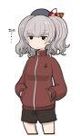  1girl alternate_costume anchor_symbol beret black_headwear black_shorts boushi-ya commentary cropped_legs grey_hair hands_in_pockets hat jacket jitome kantai_collection kashima_(kancolle) red_jacket shorts simple_background solo track_jacket twintails wavy_hair white_background 