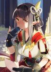  1girl bell black_hair breasts food food_on_face full_mouth gloves hair_bell hair_ornament hinoa kuronuma_s large_breasts long_hair monster_hunter_(series) monster_hunter_rise paper partially_fingerless_gloves pointy_ears sitting twitter_username 