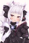  1girl :p animal_ear_fluff animal_ears bangs black_bow black_capelet black_dress black_ribbon blunt_bangs blush bow bowtie capelet cat_ears center_frills closed_mouth cocozasa dress frilled_bow frilled_dress frills fur-trimmed_capelet fur_trim grey_hair hair_ribbon heart highres hololive long_hair long_sleeves looking_at_viewer murasaki_shion ribbon smile solo striped striped_bow tongue tongue_out virtual_youtuber 