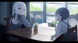  2girls bangs black_hair black_skirt black_sweater blue_eyes blush bubble_tea closed_mouth commentary_request cup drinking_straw grey_hair highres holding holding_cup indoors kuro_kosyou long_hair long_sleeves multiple_girls on_chair original parted_bangs ribbed_sweater shirt short_hair skirt smile suspender_skirt suspenders sweater table turtleneck turtleneck_sweater violet_eyes white_shirt window yuki_onna zashiki-warashi 