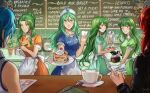 6+girls absurdres alternate_costume apron bangs blue_hair blunt_bangs bow breasts cafe chalkboard coffee_mug coffee_pot color_connection contemporary cup elincia_ridell_crimea english_commentary english_text enmaided erinys_(fire_emblem) fire_emblem fire_emblem:_genealogy_of_the_holy_war fire_emblem:_mystery_of_the_emblem fire_emblem:_radiant_dawn fire_emblem_heroes food frilled_apron frills green_eyes green_hair green_theme hair_between_eyes hair_bun hair_color_connection hair_ornament hairclip heart highres long_hair looking_at_another looking_at_viewer lucia_(fire_emblem) maid medium_breasts medium_hair menu menu_board minerva_(fire_emblem) mug multiple_girls name_tag nephenee_(fire_emblem) one_eye_closed palla_(fire_emblem) pancake pancake_stack parted_bangs plant potted_plant redhead short_hair sidelocks single_hair_bun smile taking_order tamafry teaspoon very_long_hair waitress whipped_cream white_bow yellow_eyes 