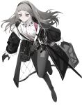  1girl absurdres adapted_costume arknights black_coat black_gloves black_pants coat full_body gloves grey_eyes grey_hair hair_intakes highres irene_(arknights) long_hair long_sleeves open_clothes open_coat pants scabbard sheath sheathed shijiantututututututu shirt simple_background solo sword weapon white_background white_shirt 