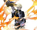  1boy black_jacket black_pants blonde_hair cofffee contemporary fate/stay_night fate_(series) fire gilgamesh_(fate) hand_in_pocket holding holding_sword holding_weapon jacket male_focus pants red_eyes short_hair smile solo sword weapon white_background 