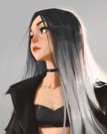  1girl backlighting black_choker black_hair black_jacket breasts choker crop_top gradient_hair green_eyes grey_background grey_hair highres jacket lips long_hair looking_to_the_side multicolored_hair open_clothes original sam_yang small_breasts solo upper_body 