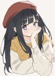  bangs beret black_hair blush hand_on_own_face hat highres inoue_takina long_hair long_sleeves looking_at_viewer lycoris_recoil red_headwear shirt short-sleeved_sweater short_sleeves simple_background smile souda_(soudaco1a) sweater violet_eyes white_background white_shirt 