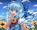  1girl :d bangs blue_bow blue_dress blue_eyes blue_hair blue_sky bottle bow bowtie cirno clouds commentary dress fang flower hair_bow highres holding holding_bottle ice ice_wings looking_at_viewer medium_hair open_mouth outdoors pinafore_dress puffy_short_sleeves puffy_sleeves red_bow red_bowtie shirt short_sleeves sky smile solo sunflower sweat tamatetama tanned_cirno touhou upper_body water_bottle white_shirt wings 