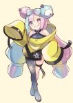  1girl arm_up bike_shorts black_footwear black_shirt black_shorts black_thighhighs blue_hair bow character_hair_ornament commentary_request full_body grin hair_bow hair_ornament iono_(pokemon) jacket long_hair low-tied_long_hair low_twintails multicolored_hair pink_eyes pink_hair pokemon pokemon_(game) pokemon_sv ribbon sen1986 sharp_teeth shirt shoes shorts single_thighhigh sleeveless sleeveless_shirt sleeves_past_wrists smile solo teeth thigh-highs thigh_strap twintails two-tone_hair very_long_hair very_long_sleeves yellow_jacket 