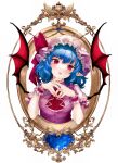  1girl :o ascot bangs bat_wings blue_hair blush breasts cropped_torso fang frills hair_between_eyes hands_up hat highres kyogoku-uru leaning_to_the_side looking_at_viewer medium_breasts medium_hair mob_cap open_mouth pink_headwear pointy_ears puffy_short_sleeves puffy_sleeves purple_shirt red_eyes remilia_scarlet ribbon shirt short_sleeves simple_background skin_fang slit_pupils solo touhou upper_body white_background wings wrist_cuffs 
