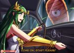  1girl absurdres artist_name breasts car_interior carrot chiton constricted_pupils dress english_text green_eyes green_hair highres kid_icarus kid_icarus_uprising laurel_crown medium_breasts mgx0 open_mouth palutena patreon_logo subtitled watermark white_dress 
