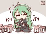  1girl :i =_= ahoge artist_name assault_lily bangs black_pantyhose black_skirt blush bow_hairband brown_background buttons chibi closed_eyes closed_mouth commentary cropped_jacket eating facing_viewer food food_in_mouth forced furrowed_brow gochisousama_(tanin050) green_hair hair_ribbon hairband hands_up high-waist_skirt holding holding_food jar juliet_sleeves long_hair long_sleeves miniskirt mouth_hold neck_ribbon nori_(seaweed) pantyhose puffy_sleeves ribbon school_uniform shirt sitting skirt solo sweat tanaka_ichi tearing_up translated two-tone_background very_long_hair wariza white_background white_hairband white_ribbon white_shirt yurigaoka_girls_academy_school_uniform 