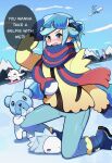  1boy blue_eyes blue_hair blush character_request english_text eyewear_on_head glasses gloves grusha_(pokemon) highres jacket male_focus open_mouth otoko_no_ko pants pokemon pokemon_(creature) pokemon_(game) pokemon_sv scarf snowboard speech_bubble touyarokii twitter_username 