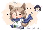  2girls animal_ears beamed_sixteenth_notes blue_hair blue_headwear blue_mittens blue_scarf blush closed_eyes eighth_note fox_ears fox_tail full_body green_ribbon hair_between_eyes hat iizunamaru_megumu kudamaki_tsukasa light_brown_hair long_hair mittens multiple_girls musical_note open_mouth ribbon rokugou_daisuke romper scarf short_hair shoulder_guard signature smile tail tokin_hat touhou white_romper 